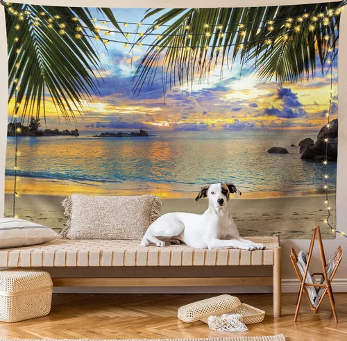 Vista 8 de Lunarable Tapiz costero, puesta de sol en la playa, palmeras del océano retumbante, imagen de lugares de viaje, decoración de tela para colgar
