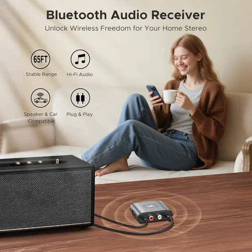 Vista 3 de WARRKY Receptor de Audio Bluetooth para Estéreo Doméstico RCA y Jack de Audio de 3.5mm, Adaptador de Audio Bluetooth para Altavoces, Funciona