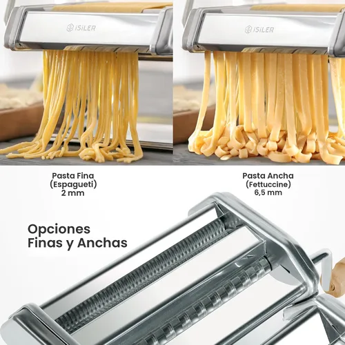 Vista 5 de ISILER Máquina para hacer pasta, 9 ajustes de grosor ajustables, máquina de pasta 2 en 1 con rodillos y cortador, fabricante de fideos para piel