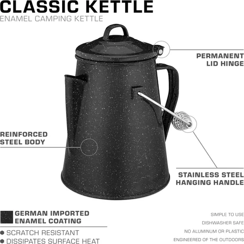 Vista 2 de COLETTI Hervidor clásico de camping de 60 onzas, tetera de té y campamento, sin aluminio ni plástico, ideal para hervir agua [esmalte negro]