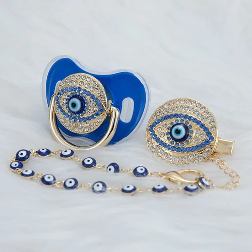 Vista 5 de Juego de chupete y clip de ojo malvado de ojo dorado y plateado, sin BPA, seguro, diseño único, regalo ideal para baby show recién nacido