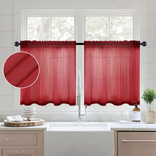 Vista 2 de MIULEE Cortinas semitransparentes 24 pulgadas de largo 2 paneles para ventana de cocina sobre el fregadero, cortinas cortas pequeñas de café