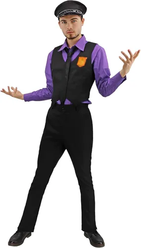 Vista 2 de Disfraz morado de talla estadounidense para hombre, conjunto completo de cosplay con sombrero y gafas para Halloween