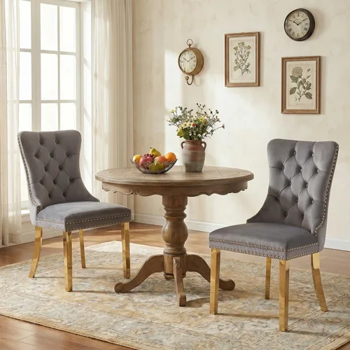 Vista 98 de SoarFlash Juego de 2 sillas de comedor de terciopelo, silla lateral de respaldo alto, silla lateral moderna tapizada de alta gama con botones Beige