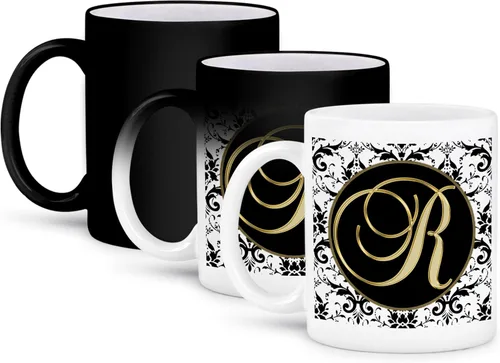 Vista 11 de 3dRose Imagen de la letra R en negro blanco y dorado 11oz taza negra de dos tonos