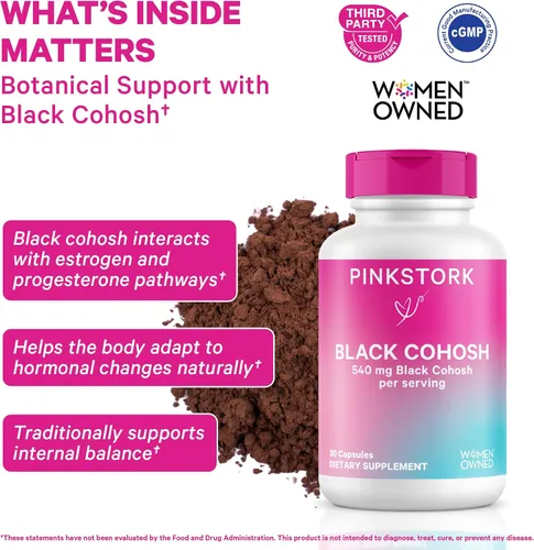 Vista 2 de Pink Stork Suplementos de cohosh negro para mujeres – 540 mg de cohosh negro puro para perimenopausia, apoyo para la menopausia, 30 cápsulas