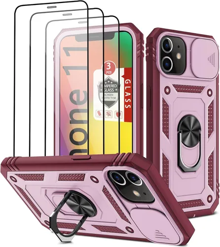 Vista 10 de Funda para iPhone 11, funda para iPhone 11 con 3 protectores de pantalla de vidrio templado, soporte de anillo integrado + cubierta de cámara