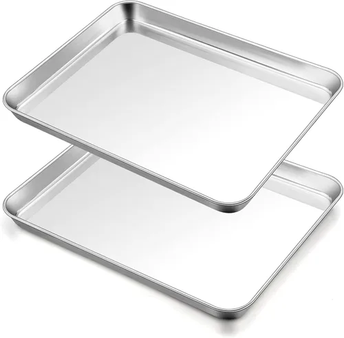 Vista 8 de TeamFar Juego de 2 sartenes para horno tostador, de acero inoxidable, 12.5 x 9.5 x 1 pulgadas, no tóxicas y saludables, sin óxido y acabado espejo