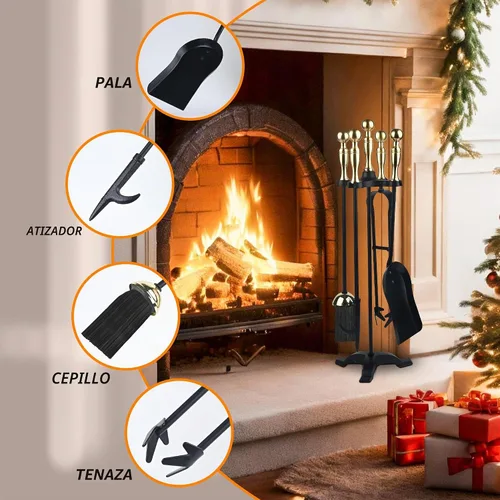Vista 4 de Juego de herramientas para chimenea de 5 piezas con soporte, kit de herramientas de hierro forjado con póster, pinzas, pala, cepillo y base