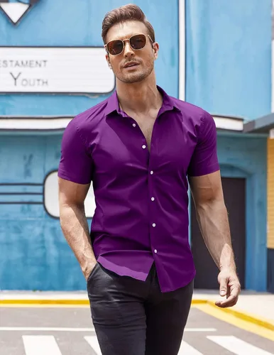 Vista 3 de COOFANDY Camisas de vestir para hombre, sin arrugas, manga corta, casual, con botones
