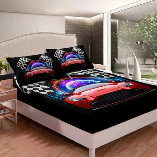 Vista 4 de Erosebridal Red Race Car - Juego de sábanas para niños y adolescentes, tamaño individual, juego de 3 piezas, sábana bajera + sábana encimera + 1