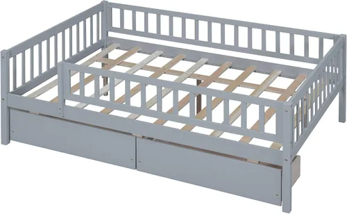 Vista 5 de Harper & Bright Designs Base de cama para niños de tamaño matrimonial con 2 cajones, sofá cama matrimonial de madera con valla, marco de cama