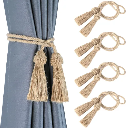 Vista 7 de Sujetadores de Cortina Hechos a Mano Decorativos Alzapaños de Cortina con Cuerda y Borla (Beige, 2P)