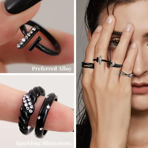 Vista 3 de KISS WIFE Juego de anillos dorados, plateados y negros para nudillos, para mujeres, delicados, simples, modernos, apilables, perfectos para apilar