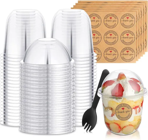 Vista 8 de Cunhill Paquete de 50 tazas de postre con tapas de cúpula, vasos de plástico desechables con tapas transparentes para mascotas (sin agujero)