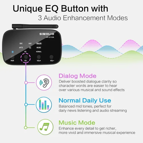 Vista 3 de SIMOLIO Receptor Bluetooth con pantalla de códec EQ y BT, adaptador de audio inalámbrico de 197 pies con aptX LL y aptX HD para altavoces estéreo