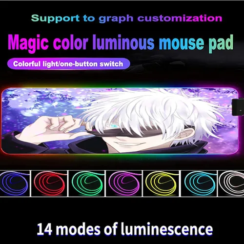 Vista 3 de Alfombrilla de mouse para videojuegos de anime Jujutsu con luz LED RGB, tapete de escritorio de anime Kaisen Boy Satoru Gojo XXL, alfombrilla