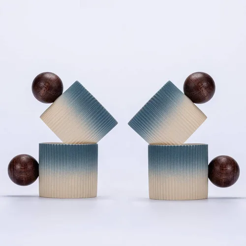 Vista 11 de Mini tazas de cerámica para café expreso, tazas Demitasse con mango redondo de madera a rayas verticales tazas de té (beige y azul, 2 unidades)