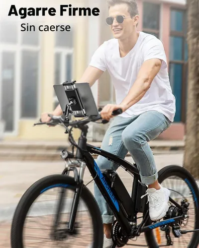 Vista 4 de Soporte para tableta de bicicleta, abrazadera para manillar, brazo de metal antivibración, soporte universal para iPad para cinta de correr