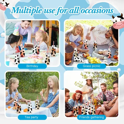 Vista 6 de SiliFine Juego de 24 botellas de leche de plástico de 7 onzas con pajitas, tapas de metal plateado, calcomanías de leche con estampado de vaca