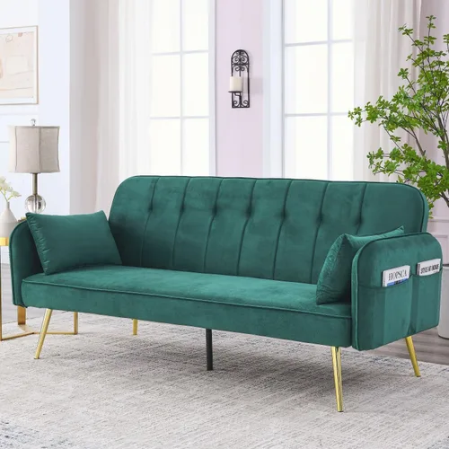 Vista 3 de Sofá cama convertible de 72.5 pulgadas, moderno sofá futón ajustable tapizado, sofá cama plegable de terciopelo con dos almohadas para un espacio