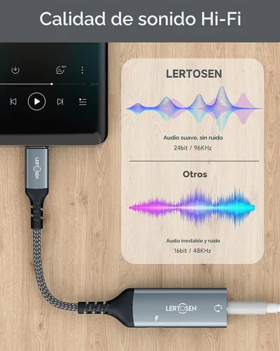 Vista 5 de LERTOSEN Adaptador USB C a 3.5mm para Auriculares y Cargador, 2 en 1 USB C a Conector de Audio Auxiliar con Cable de Carga Rápida PD para iPhone 17