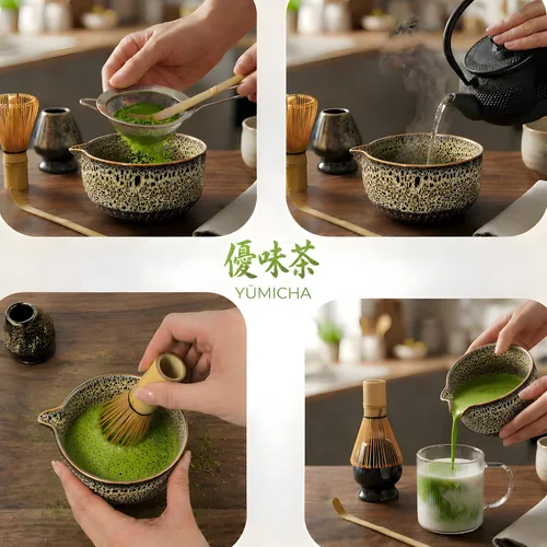 Vista 4 de Juego de batidor Matcha YMiga – Kit completo de matcha con batidor de bambú matcha, cuenco de cerámica matcha, tamiz y cucharada – Kit de Verde/Negro