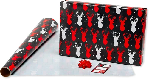Vista 5 de American Greetings - Papel de regalo navideño, juego de envoltura de regalo de cuadros de búfalo rojo y negro