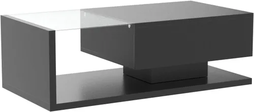 Vista 4 de P PURLOVE Mesa de centro moderna con vidrio templado, mesa de centro de madera con superficie UV de alto brillo, mesa central de 2 niveles para sala