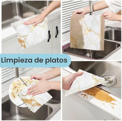 Vista 2 de Paquete de 6 paños de cocina de arte abstracto de mármol dorado para secar platos, paños de limpieza absorbentes, paños reutilizables para cocina