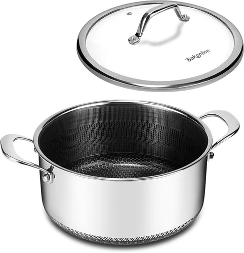 Vista 13 de Cacerola híbrida antiadherente de 1.5 cuartos de galón con tapa, olla de panal de acero inoxidable con dos boquillas de vertido, compatible