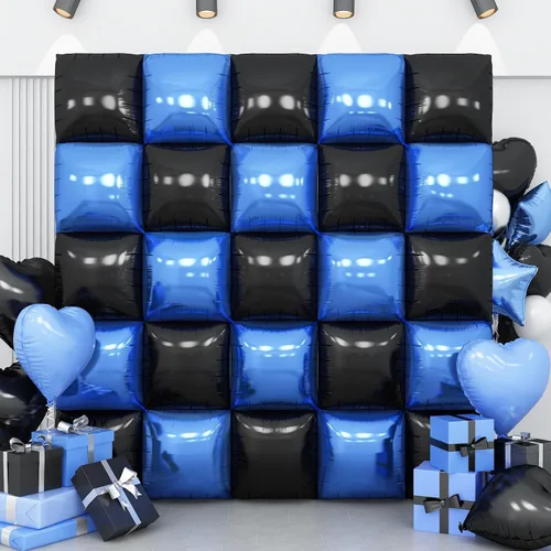 Vista 29 de Globos de aluminio cuadrados rojos, azules y plateados, kit de 25 globos de doble cara para fondo, túnel de helio, arco, guirnalda para el 4 de Rojo
