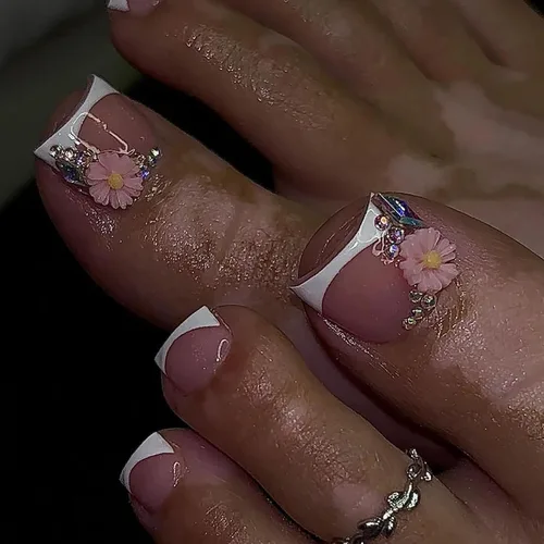 Vista 13 de Lindas uñas postizas a presión con punta francesa rosa, uñas postizas cuadradas de cobertura completa con diseños de dijes de lazo, uñas acrílicas