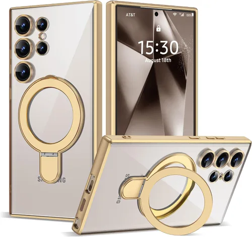 Vista 15 de Funda compatible con Samsung Galaxy S24 Plus con soporte de anillo magnético [compatible con Mag-Safe] protector de lente de cámara chapado Dorado