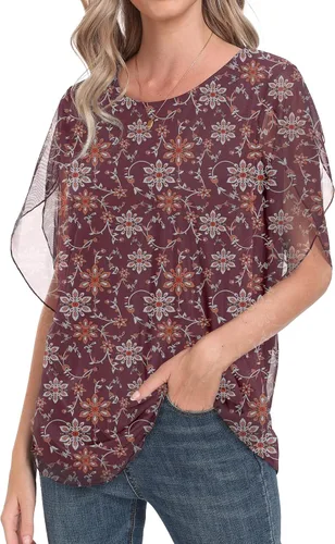 Vista 3 de HAOMEILI Blusas de malla de manga 34 con volantes para mujer, blusas holgadas y elásticas