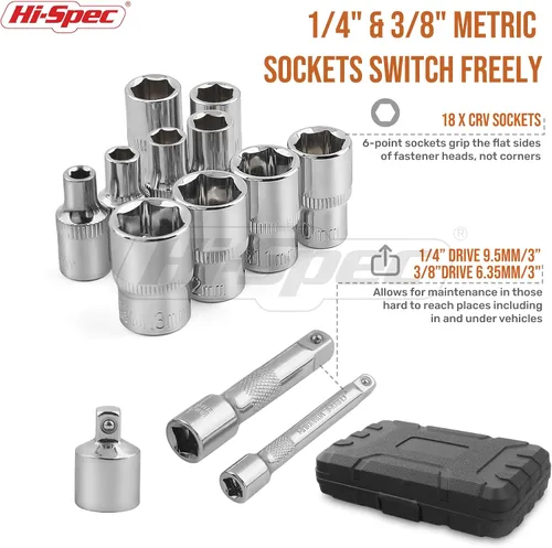 Vista 3 de Hi-Spec Juego de 22 llaves métricas de 1/4" y 3/8" con llave de trinquete, barras de extensión en estuche de herramientas compacto.