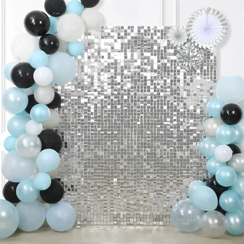 Vista 48 de 12 paneles cuadrados de lentejuelas brillantes para pared color azul claro (Baby Blue) telón de fondo decorativo para fiestas de bodas