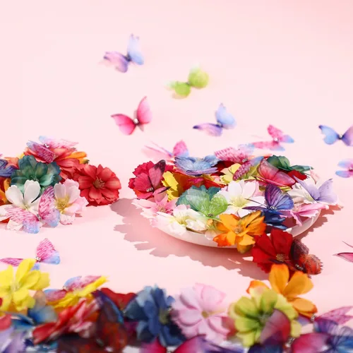 Vista 6 de Canlierr Juego de 100 mariposas de organza con cabeza floral sintética para manualidades, 50 cintas pequeñas 3D, 50 mini flores de imitación