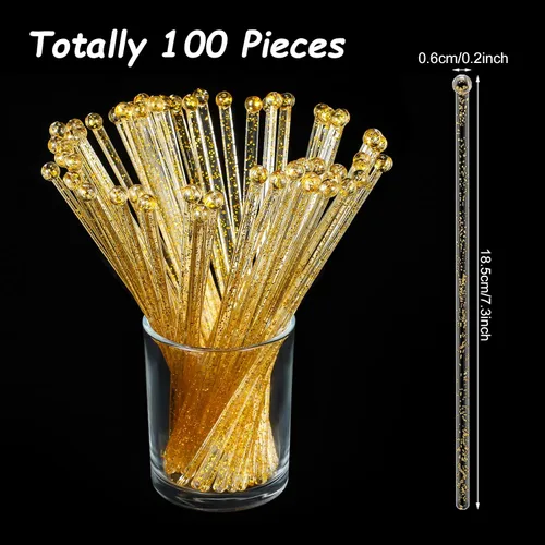 Vista 2 de 100 palitos desechables de plástico con parte superior redonda de cristal, con purpurina, palitos de plástico para cóctel, café, bebida (dorado)
