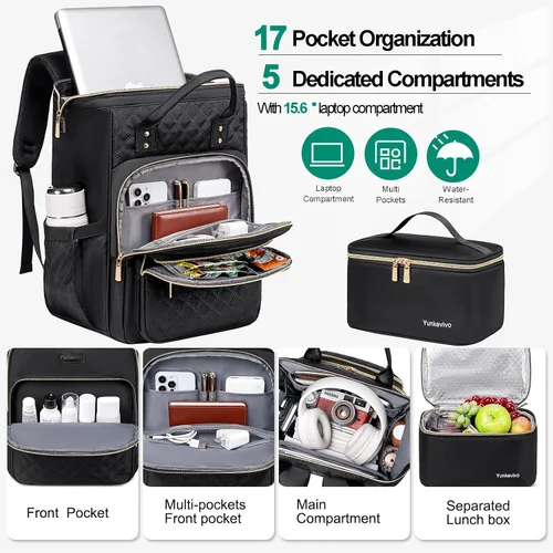 Vista 2 de Mochila de almuerzo, mochila para laptop de 15.6 pulgadas para mujeres, enfermeras, profesores, mochila de trabajo con lonchera aislada, Negro