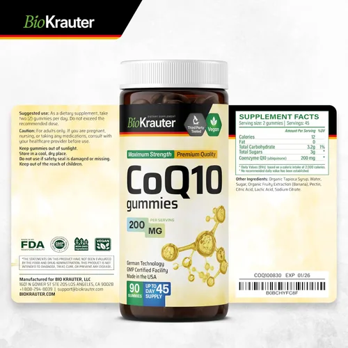 Vista 8 de BIO KRAUTER CoQ10 200mg para producción de energía - Coenzima Q10 para antioxidantes y bienestar diario - Gomitas veganas 90 CoQ10, suministro de 45