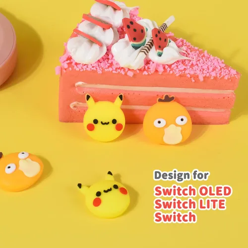 Vista 2 de DLseego Pika & Duck - 4 tapas de agarre para el pulgar regular SwitchSwitch LiteSwitch OLED Joy Con Joystick de silicona suave, lindo protector