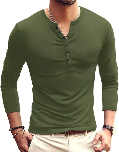 Vista 30 de YTD - Camiseta de manga larga Henley básica ajustada para hombre, estilo casual