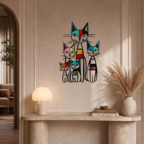 Vista 6 de Gcdaxour Decoración de pared de gato, esculturas de pared de hierro de metal, regalos para amantes de los gatos, colorido y único, retro de mediados
