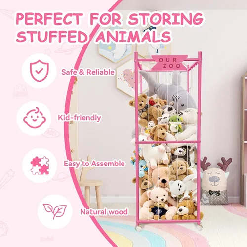 Vista 9 de Zoológico de almacenamiento de animales de peluche con ruedas, soporte de madera grande para animales de peluche, organizador de juguetes