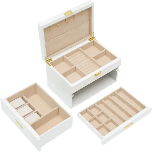 Vista 6 de LOYALHEARTDY Joyero de madera grande de 3 capas, organizador grande de joyería para mujeres, 2 cajones de almacenamiento para anillos, collares