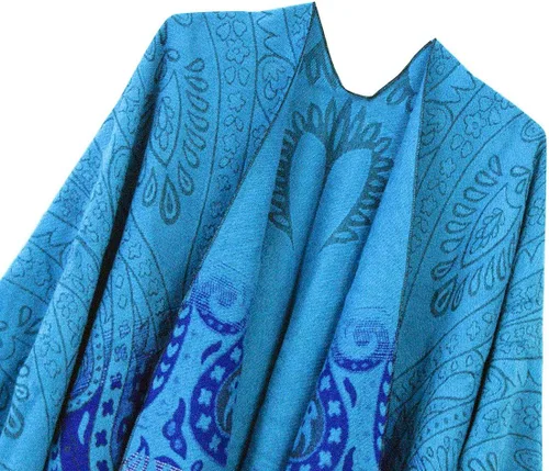 Vista 3 de Poncho con flecos, con estampado vintage, estilo retro, a la moda, para mujer. Capa, chal.