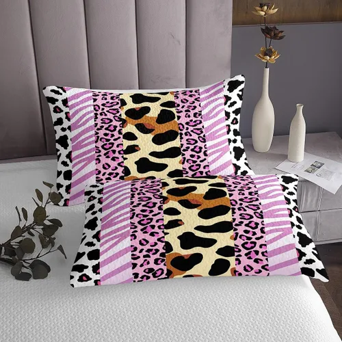 Vista 3 de Manfei Colcha de piel de animal tamaño individual, colcha acolchada con estampado de cebra de leopardo con 1 funda de almohada, juego de 2 piezas