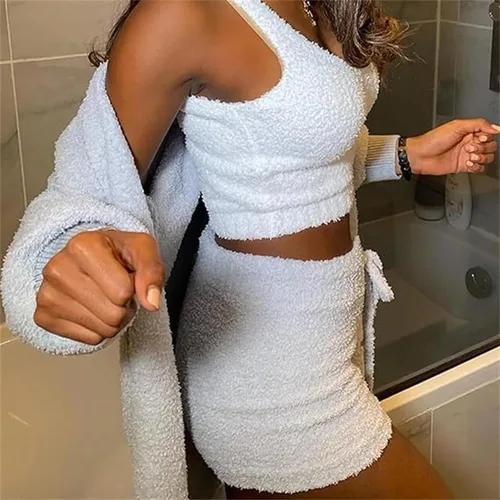 Vista 4 de KDGENG Shecozy 3 Piece Pajama Set - Womens Sexy Fuzzy Cozy Knit Hooded Cardigan Outfits Crop Top Shorts Loungewear