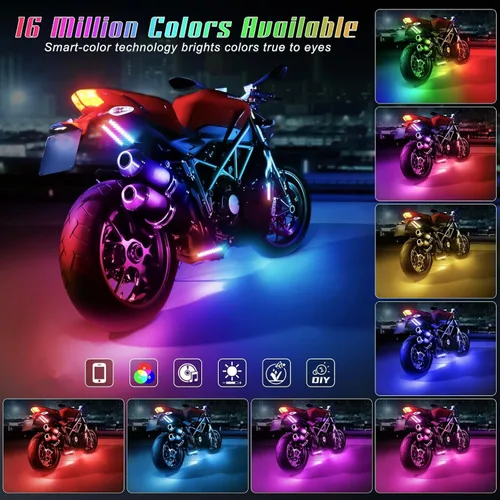 Vista 2 de 4 piezas de kits de luz LED para motocicleta, tiras de luz LED impermeables multicolor con control de aplicación, luces LED RGB sincronizadas